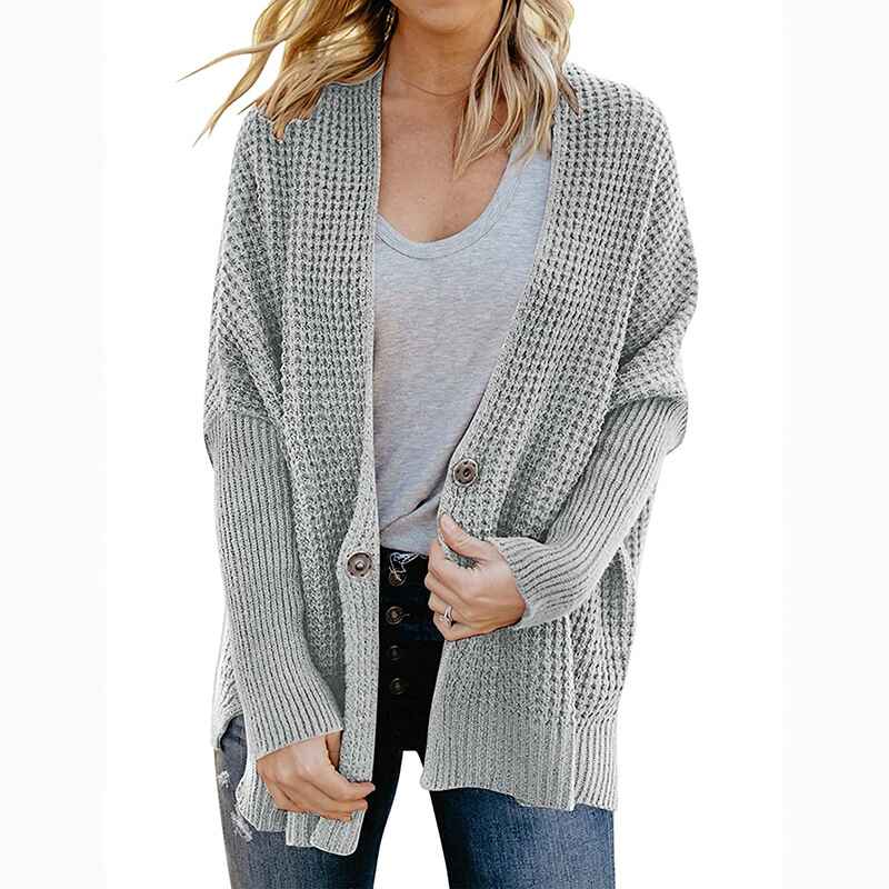 Gray-Womens-Button-Down-Vee-Neck-Long-Sleeve-Rib-Knit-Cardigan-Sweaters-K473