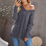 Gray-Womens-Cable-Knit-Sweaters-V-Neck-Pullover-Tops-Long-Sleeve-Casual-Sweater-Blouse-Oversize-Knit-Shirts-K151-Front