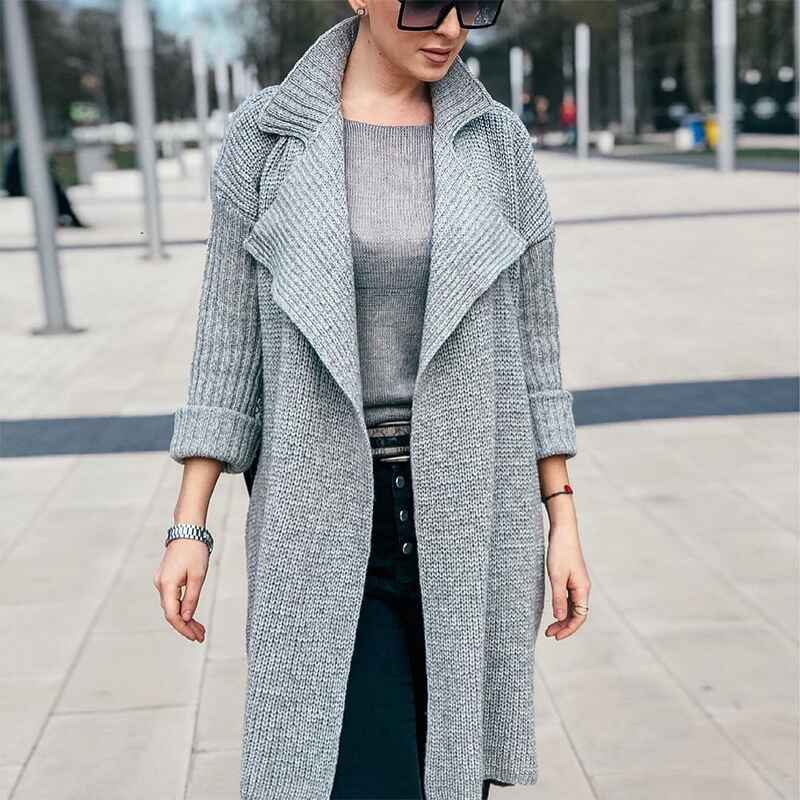    Gray-Womens-Casual-Long-Sleeve-Draped-Open-Front-Knit-Pockets-Long-Cardigan-Jackets-Sweater-K055