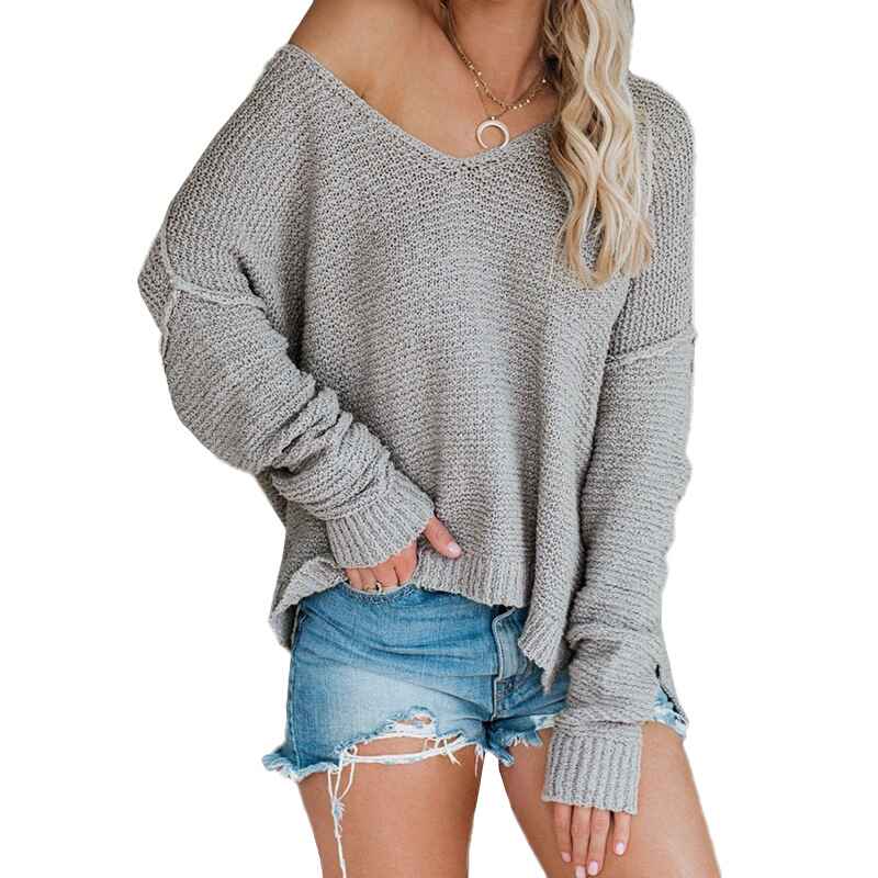Gray-Womens-Casual-Long-Sleeve-V-Neck-Off-Shoulder-Loose-Baggy-Comfy-Knit-Pullover-Sweaters-Tunic-K092