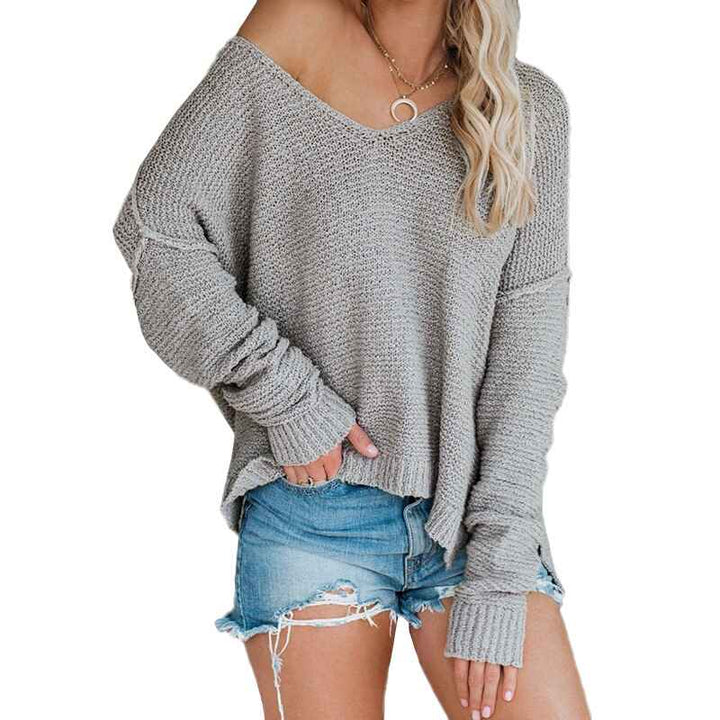 Gray-Womens-Casual-Long-Sleeve-V-Neck-Off-Shoulder-Loose-Baggy-Comfy-Knit-Pullover-Sweaters-Tunic-K092