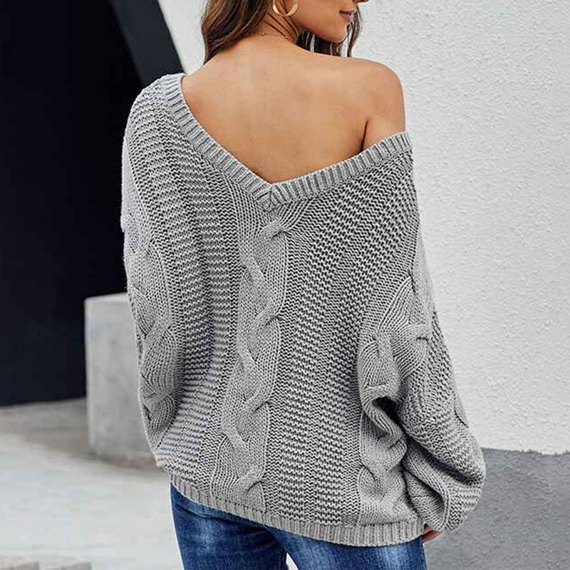 Gray-Womens-Casual-Oversized-Long-Sleeve-Sweaters-V-Neck-Cable-Knit-Sweater-Pullovers-Tops-K139-Back