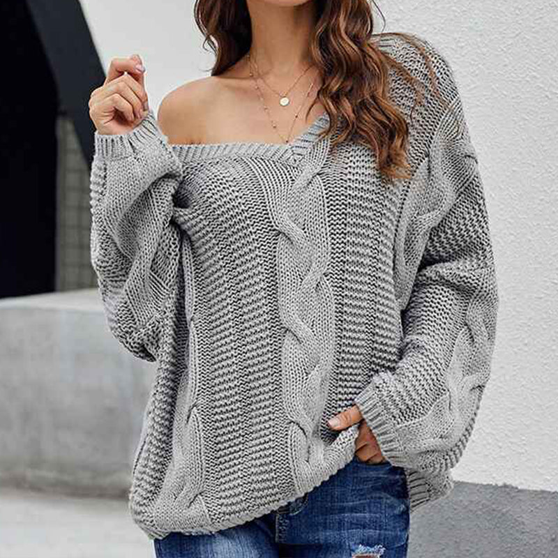 Gray-Womens-Casual-Oversized-Long-Sleeve-Sweaters-V-Neck-Cable-Knit-Sweater-Pullovers-Tops-K139-Front