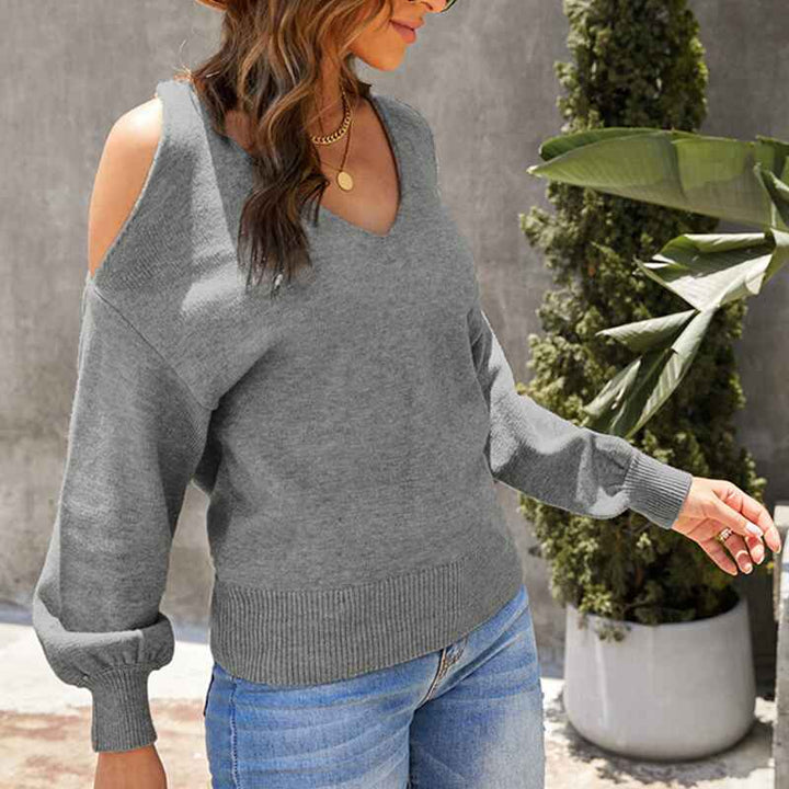 Gray-Womens-Cold-Shoulder-V-Neck-Sweater-Slim-Cutout-Long-Sleeve-Pullover-Ribbed-Knit-Tops-K161-Side