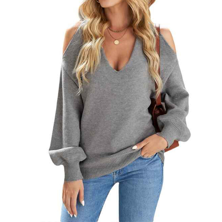 Gray-Womens-Cold-Shoulder-V-Neck-Sweater-Slim-Cutout-Long-Sleeve-Pullover-Ribbed-Knit-Tops-K161