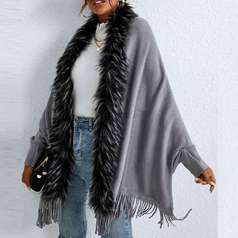 Gray-Womens-Color-Block-Shawl-Wrap-Plus-Size-Cardigan-Poncho-Cape-Open-Front-Long-Winter-Sweater-Coat-K327-Side
