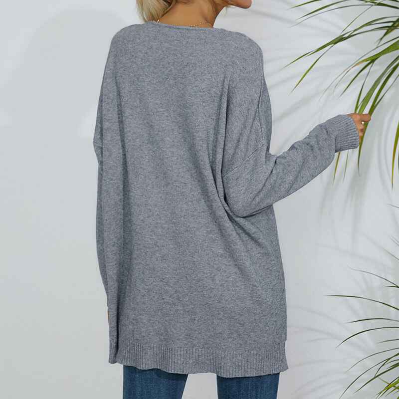 Gray-Womens-Cotton-Shaker-Stitch-Deep-V-Neck-Sweater-K321-Back