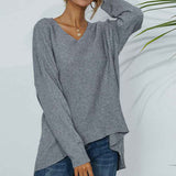 Gray-Womens-Cotton-Shaker-Stitch-Deep-V-Neck-Sweater-K321-Front-2