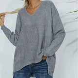 Gray-Womens-Cotton-Shaker-Stitch-Deep-V-Neck-Sweater-K321-Front-3
