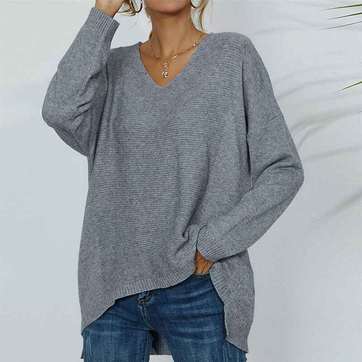 Gray-Womens-Cotton-Shaker-Stitch-Deep-V-Neck-Sweater-K321-Front
