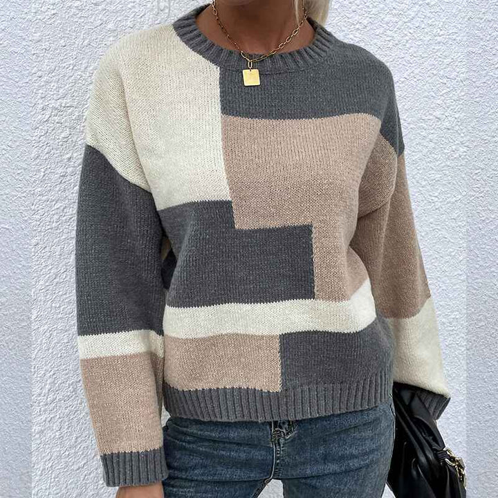 Gray-Womens-Crew-Neck-Long-Sleeve-Color-Block-Knit-Sweater-Casual-Pullover-Jumper-Tops-K377-Front-2