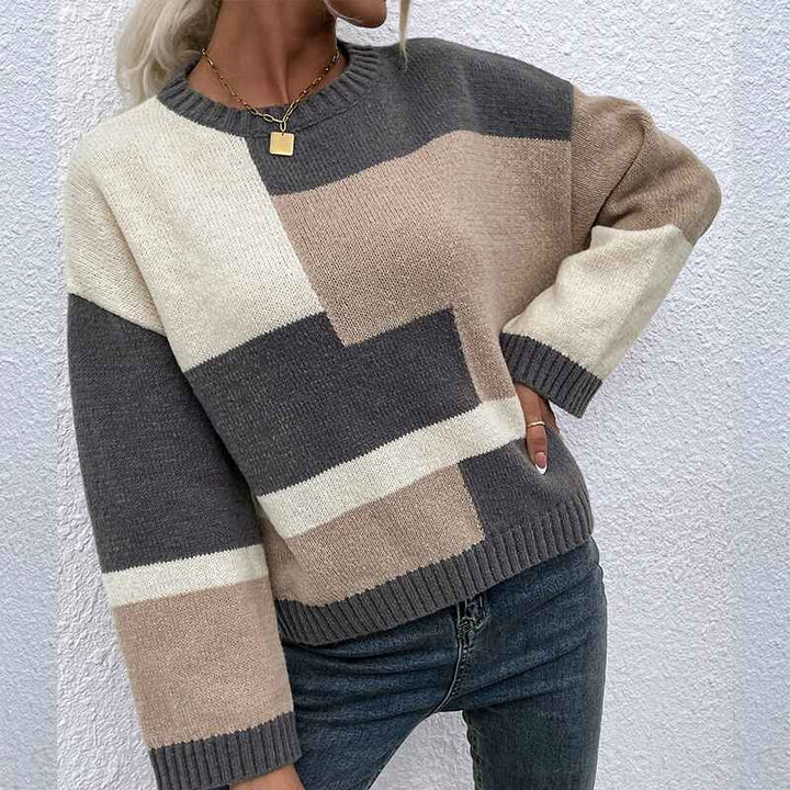 Gray-Womens-Crew-Neck-Long-Sleeve-Color-Block-Knit-Sweater-Casual-Pullover-Jumper-Tops-K377-Front-3
