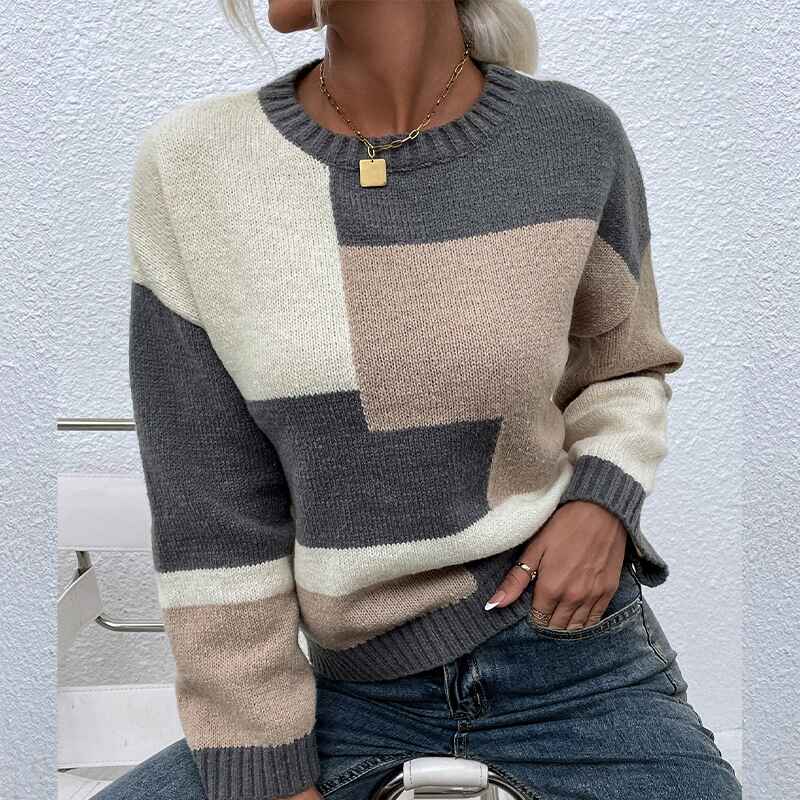     Gray-Womens-Crew-Neck-Long-Sleeve-Color-Block-Knit-Sweater-Casual-Pullover-Jumper-Tops-K377-Front
