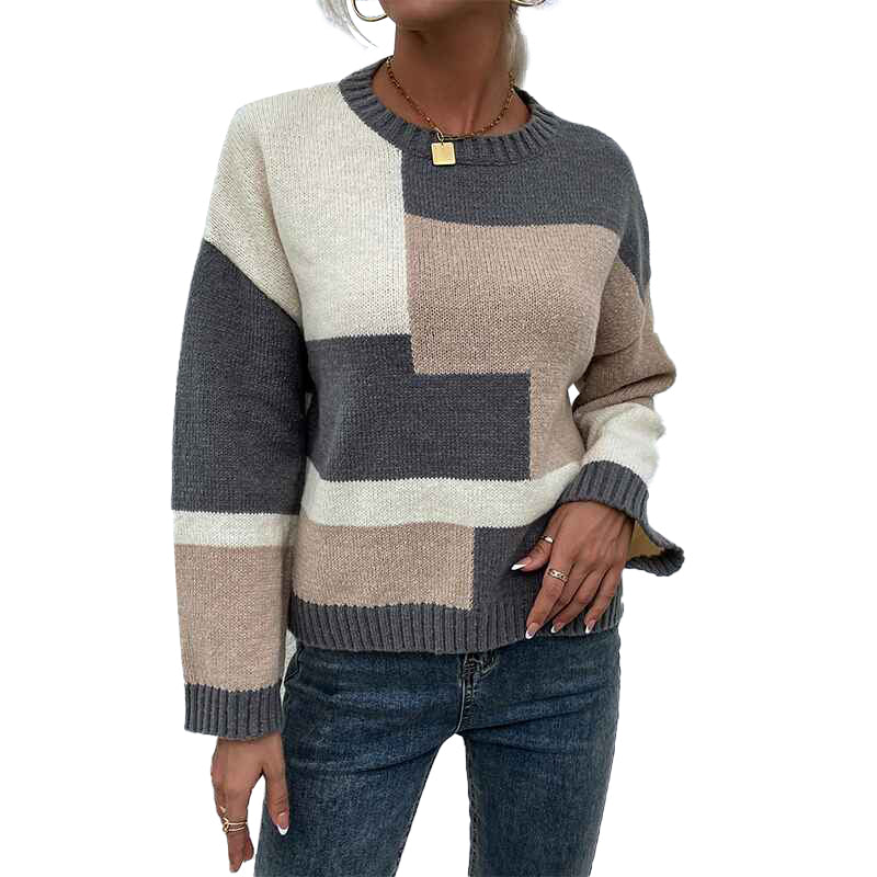Gray-Womens-Crew-Neck-Long-Sleeve-Color-Block-Knit-Sweater-Casual-Pullover-Jumper-Tops-K377