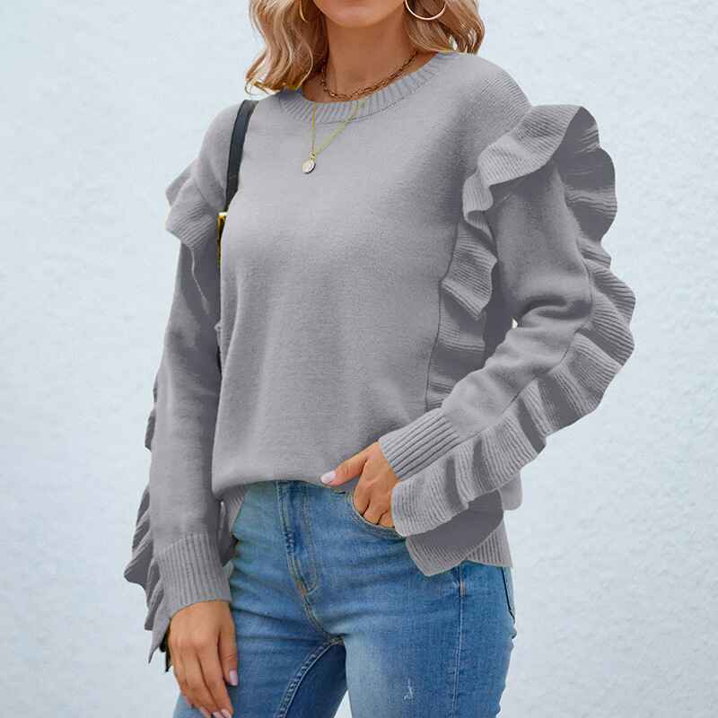 Gray-Womens-Crew-Neck-Long-Sleeve-Oversized-Sweaters-Casual-Solid-Color-Sweater-Ruffle-Knit-Pullover-Tops-K490