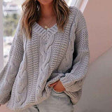 Gray-Womens-Deep-V-Neck-Sweater-Cable-Knit-Pullover-Jumper-Casual-Long-Sleeve-Loose-Tops-Knitwear-K045