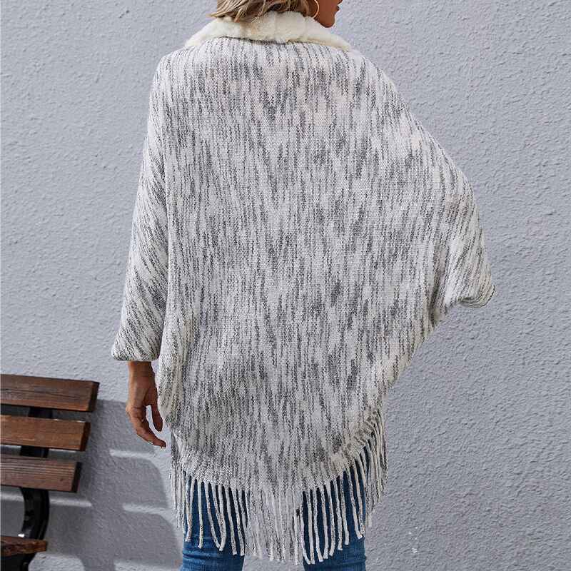 Gray-Womens-Elegant-Knitted-Shawl-Poncho-with-Fringed-V-Neck-Striped-Sweater-Pullover-Cape-K379-Back