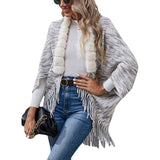 Women's Elegant Knitted Shawl Poncho with Fringed V-Neck Striped Sweater Pullover Cape K379