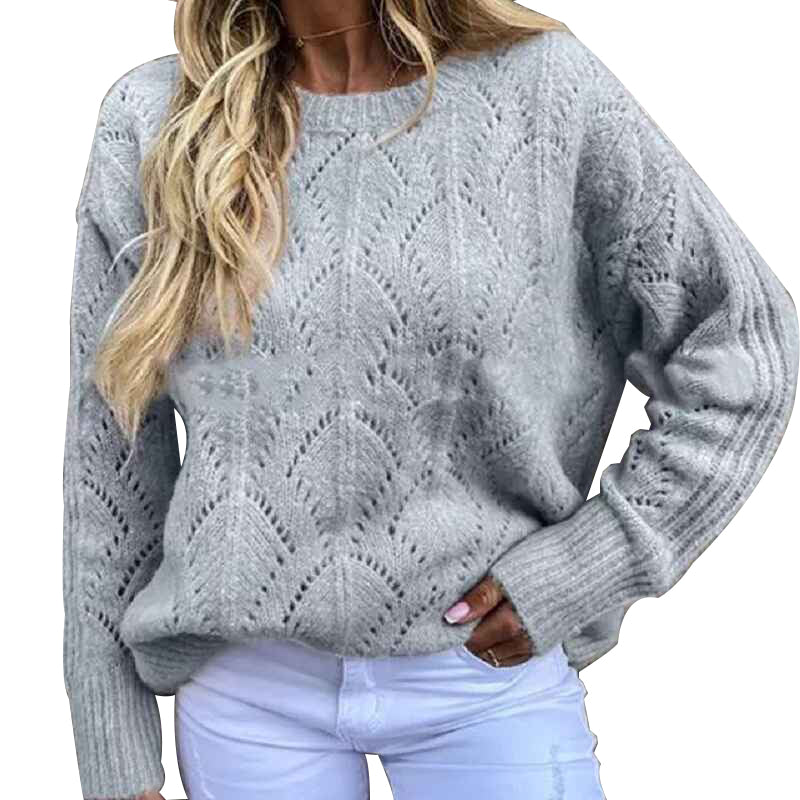 Gray-Womens-Fall-Puff-Long-Sleeve-Pullover-Sweaters-Tops-Soft-Dot-Crew-Neck-Shirt-Lightweight-Hollow-Out-Knit-Sweater-K041