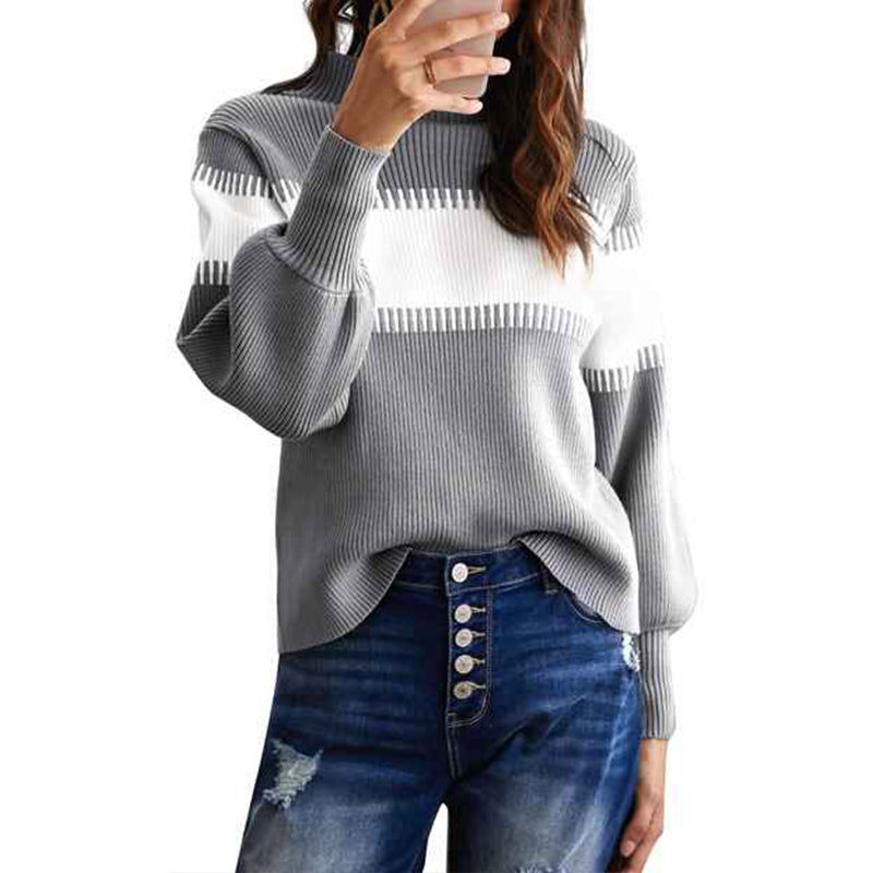 Gray-Womens-Fall-Sweater-Casual-Long-Sleeve-Turtleneck-Colorblock-Striped-Chunky-Pullover-Loose-Knit-Jumper-K155