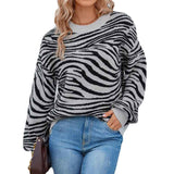     Gray-Womens-Fall-Winter-Casual-Long-Sleeve-Crew-Neck-Zebra-Striped-Print-Color-Block-Knit-Sweater-Pullover-Tops-K251