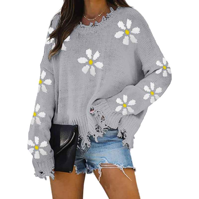     Gray-Womens-Knit-Floral-Print-Sweater-Crewneck-Long-Sleeve-Lightweight-Pullover-Sweatshirt-K208