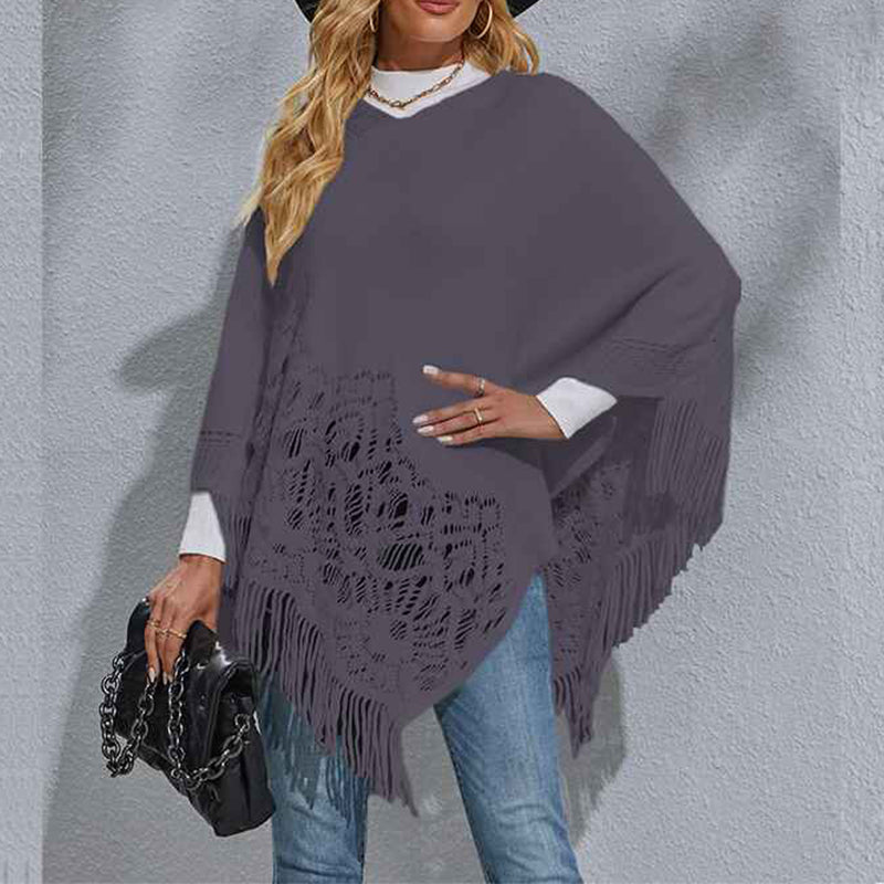    Gray-Womens-Knitted-Tassel-Shawl-Asymmetric-Hem-Poncho-Fringed-Pullover-Sweater-Solid-Color-Cowl-Neck-Top-Coat-Wrap-Cape-K306