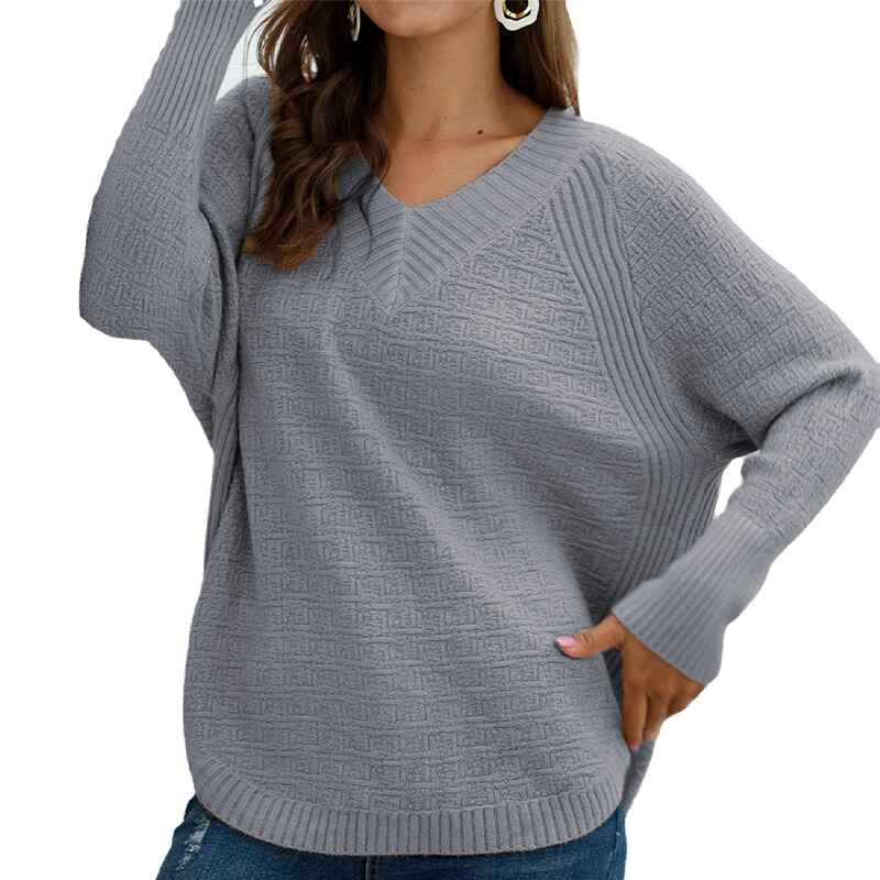 Gray-Womens-Long-Sleeve-Knit-Sweater-Side-Button-Pullover-V-Neck-Mid-Length-Tunic-Jumper-Sweater-K364