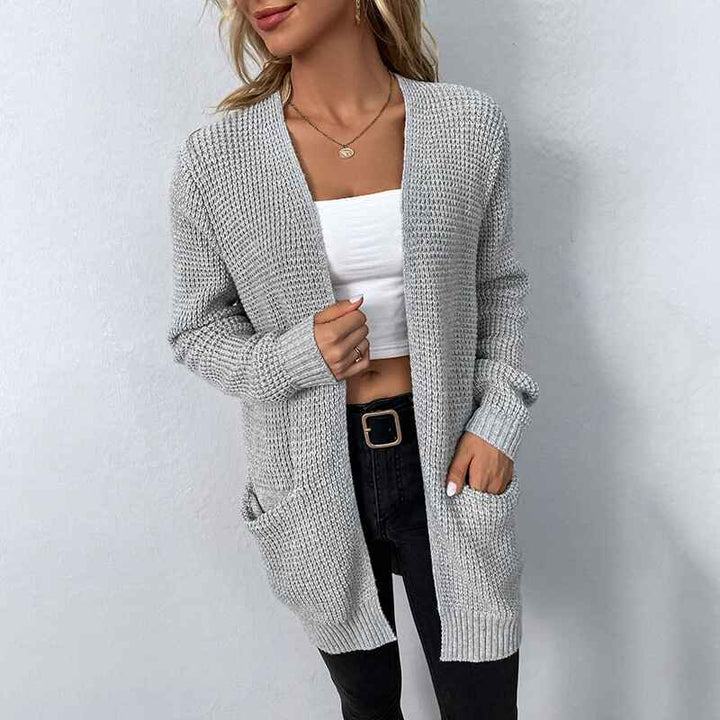   Gray-Womens-Long-Sleeve-Open-Front-Waffle-Chunky-Knit-Cardigan-Sweater-Outwear-with-Pockets-K408-Front-2