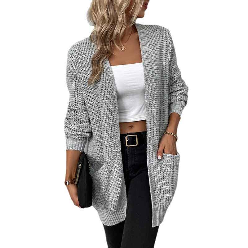 Gray-Womens-Long-Sleeve-Open-Front-Waffle-Chunky-Knit-Cardigan-Sweater-Outwear-with-Pockets-K408