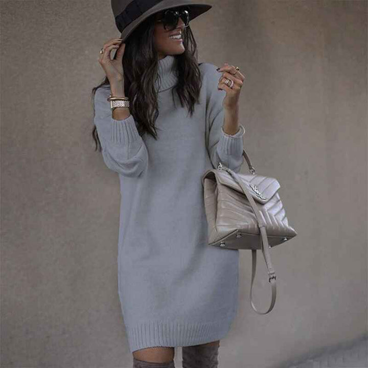   Gray-Womens-Long-Sleeve-Turtleneck-Sweater-Dresses-Knitted-Bodycon-Midi-Sheath-Jumper-Dresses-K024