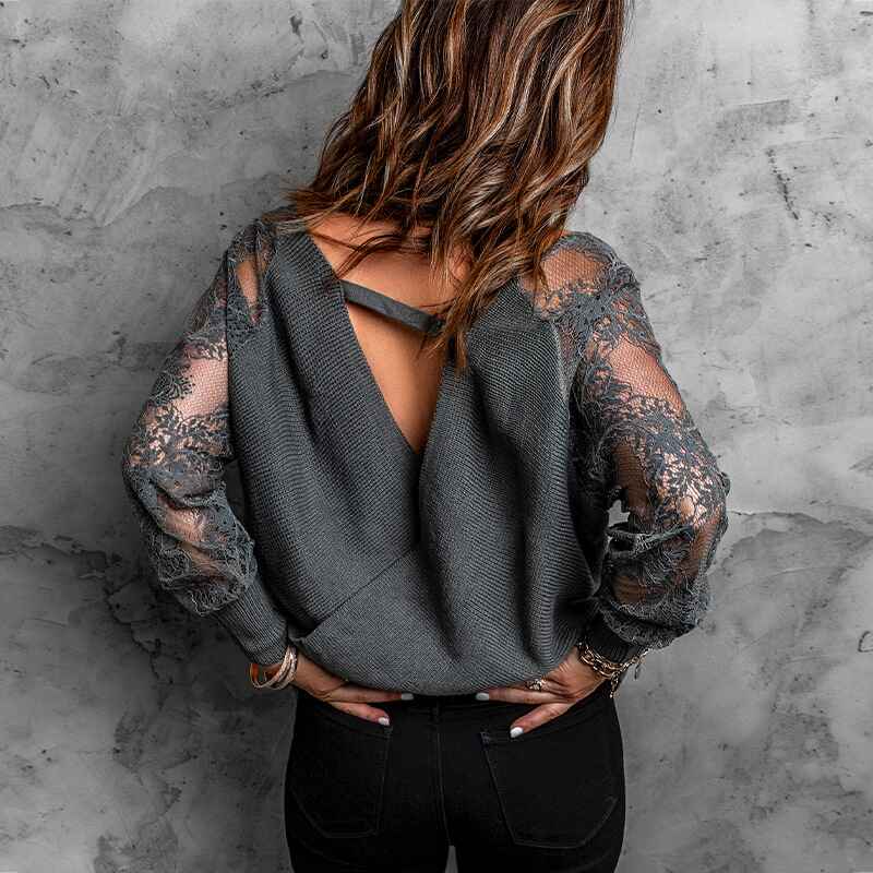 Gray-Womens-Long-Sleeve-V-Neck-Lace-Patchwork-Solid-Color-Ribbed-Knit-Pullover-Sweater-Tops-K165-Back