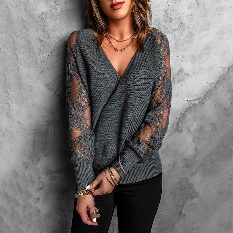 Gray-Womens-Long-Sleeve-V-Neck-Lace-Patchwork-Solid-Color-Ribbed-Knit-Pullover-Sweater-Tops-K165-Front