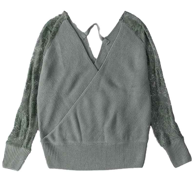Gray-Womens-Long-Sleeve-V-Neck-Lace-Patchwork-Solid-Color-Ribbed-Knit-Pullover-Sweater-Tops-K165