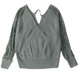 Gray-Womens-Long-Sleeve-V-Neck-Lace-Patchwork-Solid-Color-Ribbed-Knit-Pullover-Sweater-Tops-K165