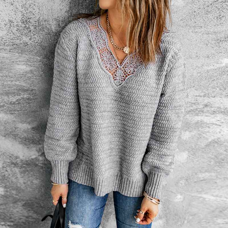 Gray-Womens-Long-Sleeve-V-Neck-Loose-Lightweight-Knitted-Pullover-Sweater-Jumper-Top-K175-Front