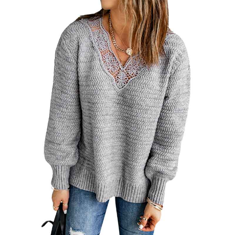 Gray-Womens-Long-Sleeve-V-Neck-Loose-Lightweight-Knitted-Pullover-Sweater-Jumper-Top-K175