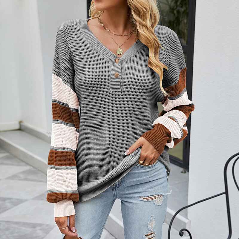Gray-Womens-Long-Sleeve-V-Neck-Ribbed-Button-Knit-Sweater-Color-Matching-Tops-K443