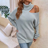 Gray-Womens-Loose-Warm-Off-Shoulder-Turtleneck-Lightweight-Soft-Pullover-Cutout-Long-Sleeve-Jumper-Sweaters-K455