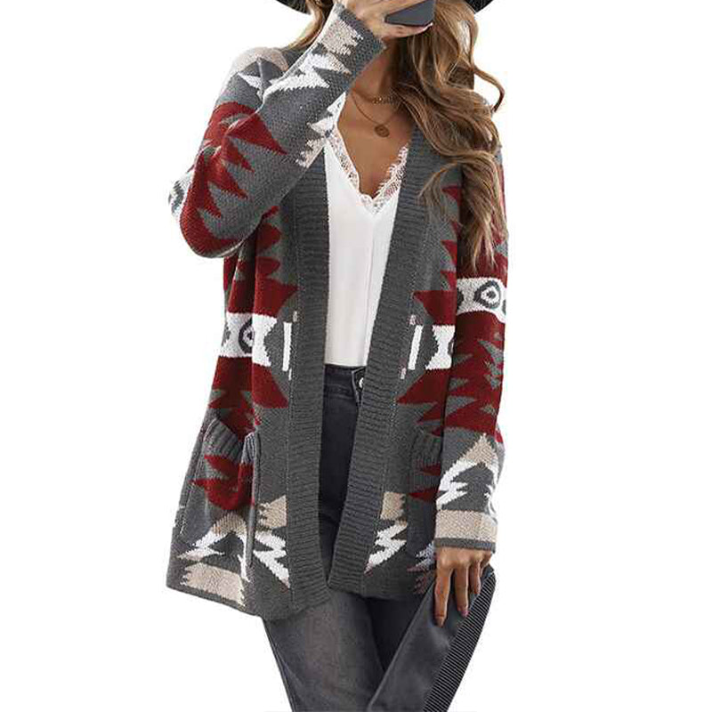 Gray-Womens-Open-Front-Aztec-Cardigan-Pockets-Long-Sleeve-Knit-Sweater-Coat-K098
