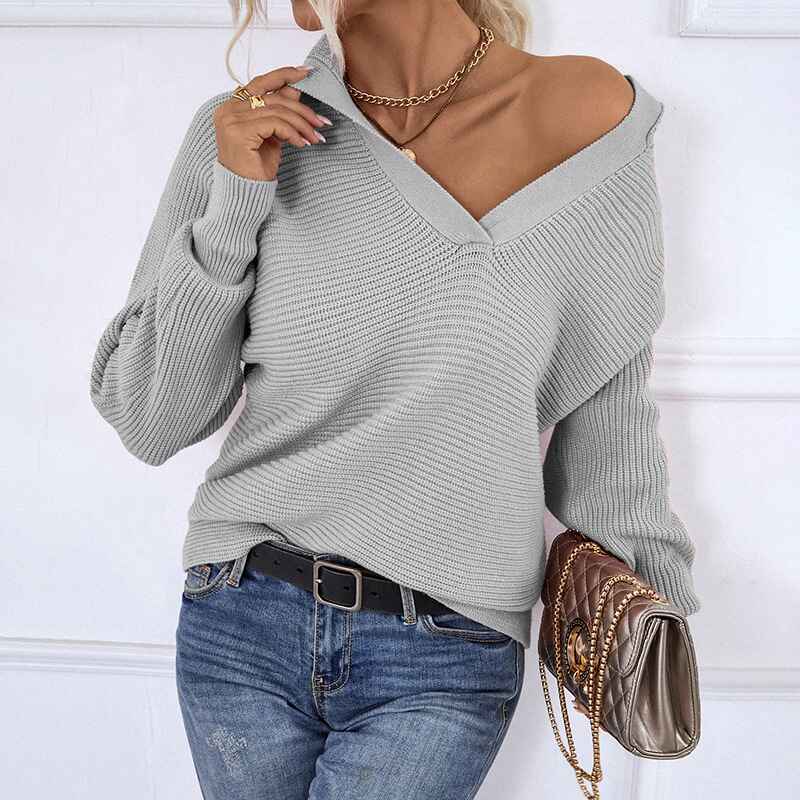 Gray-Womens-Overized-Puff-Long-Sleeve-V-Neck-Knitted-Polo-Pullover-Sweater-Jumper-Tops-K452
