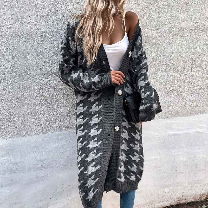 Gray-Womens-Oversized-Houndstooth-Knitted-Cardigan-Sweater-Vintage-V-Neck-Long-Sleeve-Female-Outerwear-Chic-Tops-K397-Side