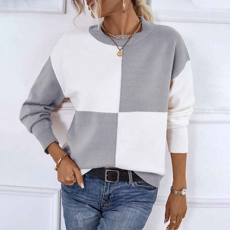    Gray-Womens-Round-Neck-Long-Sleeve-Sweaters-Cable-Knit-Color-Block-Pullover-Sweater-Jumper-Tops-K433
