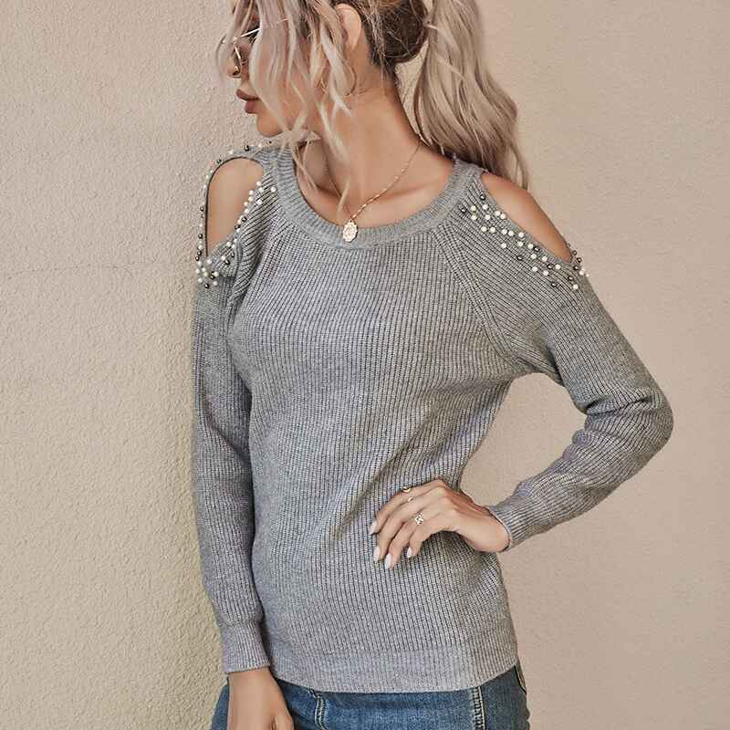    Gray-Womens-Sexy-Off-Shoulder-Long-Sleeve-Winter-Sweaters-Casual-Pullover-Solid-Loose-Knit-Jumper-Fall-Tunic-Tops-K340-Side