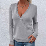 Gray-Womens-Solid-Color-Lace-Trim-Criss-Cross-Wrap-V-Neck-Long-Sleeve-Sweater-Pullover-Top-K303