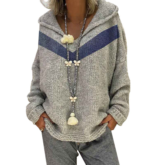 Gray-Womens-Striped-Color-Block-Hoodies-Fashion-V-Neck-Knit-Sweater-Pullovers-K061