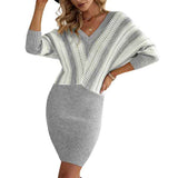 Gray-Womens-Sweater-Bodycon-Dress-Colorblock-Striped-Long-Sleeve-Slim-Fit-Knit-Sweater-Dress-K214-front