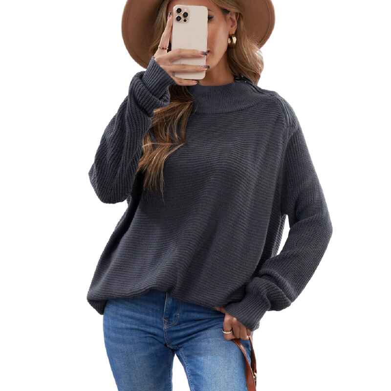 Gray-Womens-Sweaters-Casual-Solid-Color-Blocking-Loose-Pullover-High-Neck-Zipper-Sweater-Fall-K184