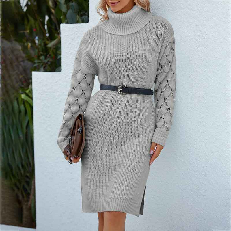 Gray-Womens-Turtleneck-Long-Sleeve-Knit-Pullover-Sweater-Bodycon-Mini-Dress-K252