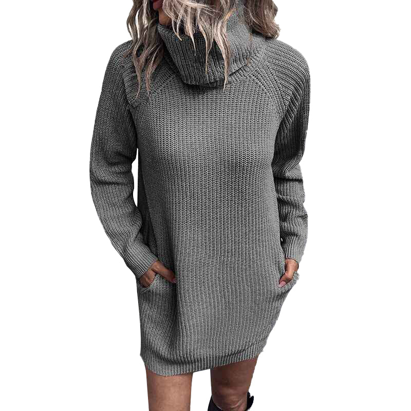 Gray-Womens-Turtleneck-Long-Sleeve-Knit-Pullover-Sweater-Bodycon-Mini-Dress-K448